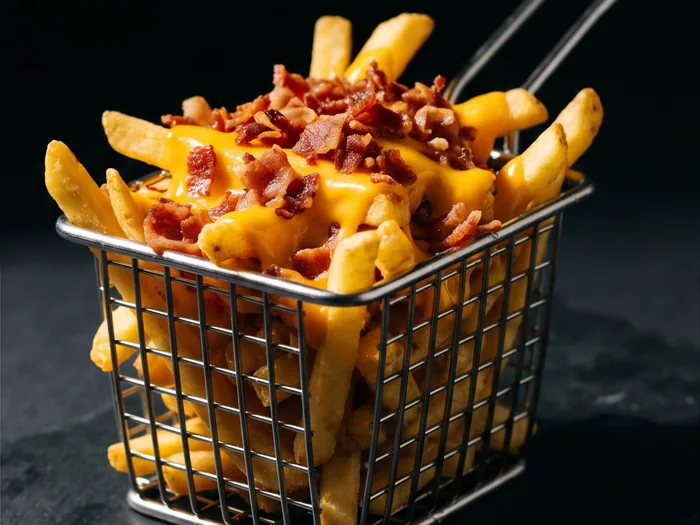 Porção de batata frita coberta com molho de cheddar e tiras de bacon